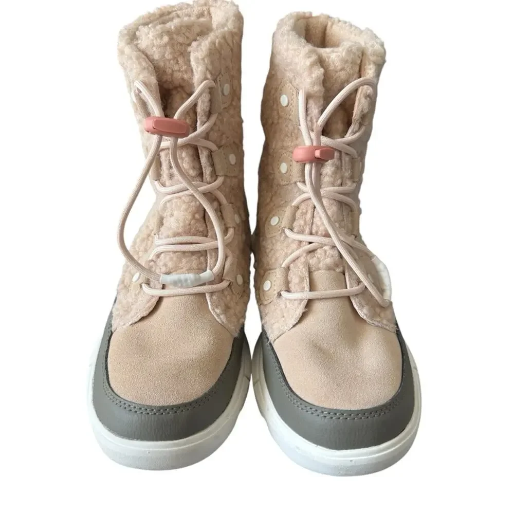 Sorel Youth Explorer II Joan Cozy Sherpa Lace Up Winter Boot Natural Green Sz 6
